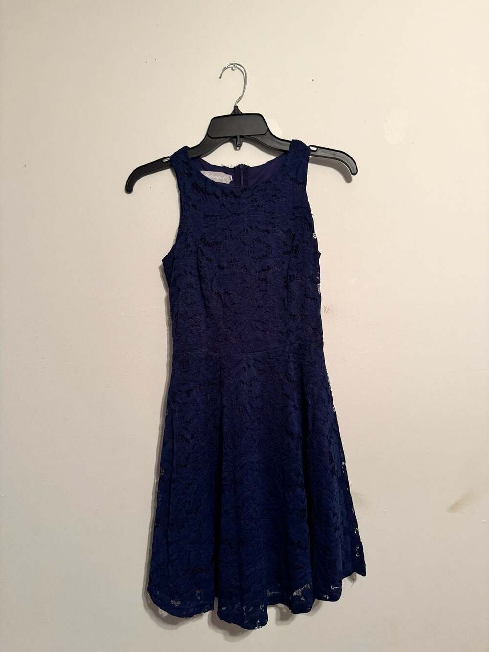 Belongsci Women's Sleeveless Lace Fit and Flare Dress Navy Blue Size S
